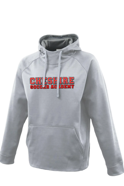Gray hoodie with 'Cheshire Soccer Academy' text on a white background. Paper Street Print Co, Blairstown, NJ.