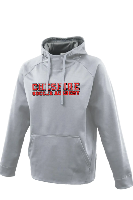 Gray hoodie with 'Cheshire Soccer Academy' text on a white background. Paper Street Print Co, Blairstown, NJ.