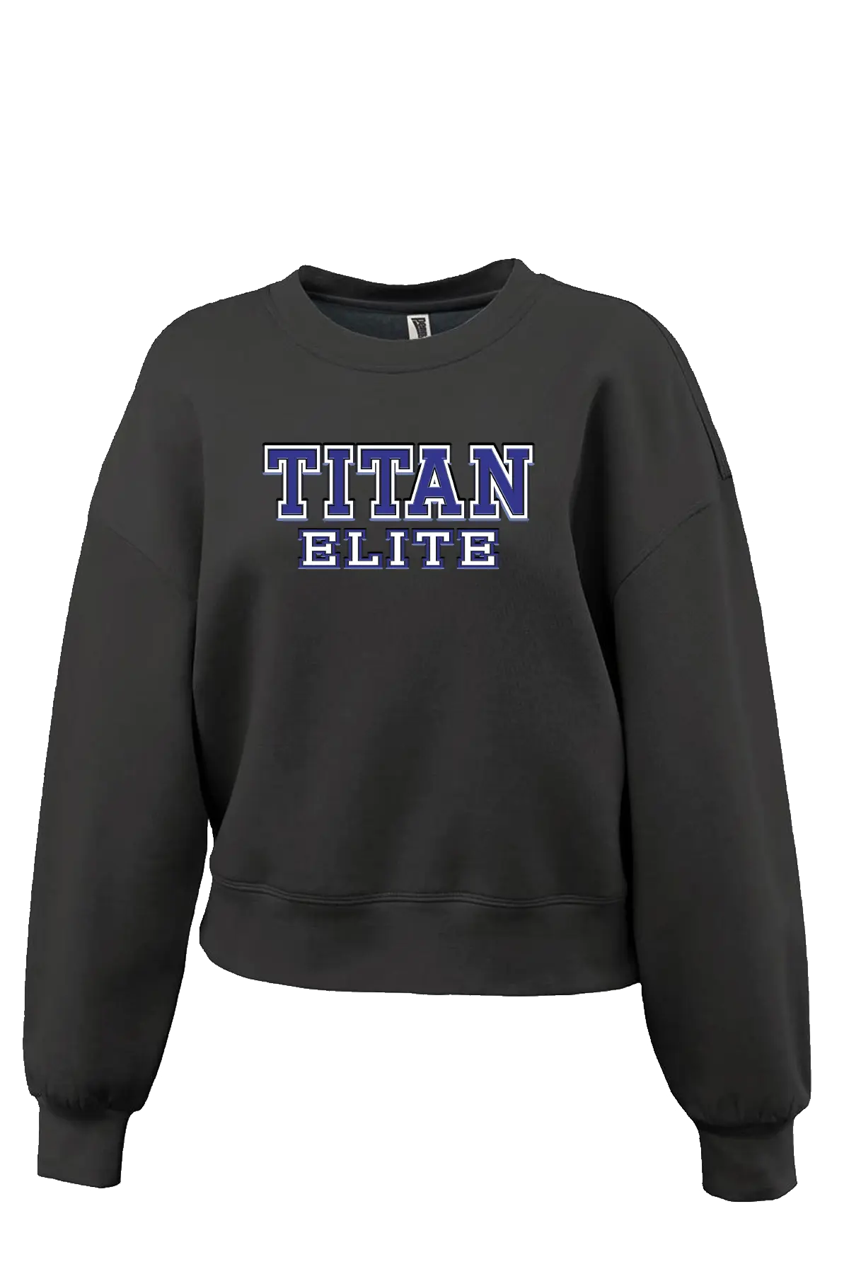 Black sweatshirt with 'TITAN ELITE' text on a white background. Paper Street Print Co, Blairstown, NJ.