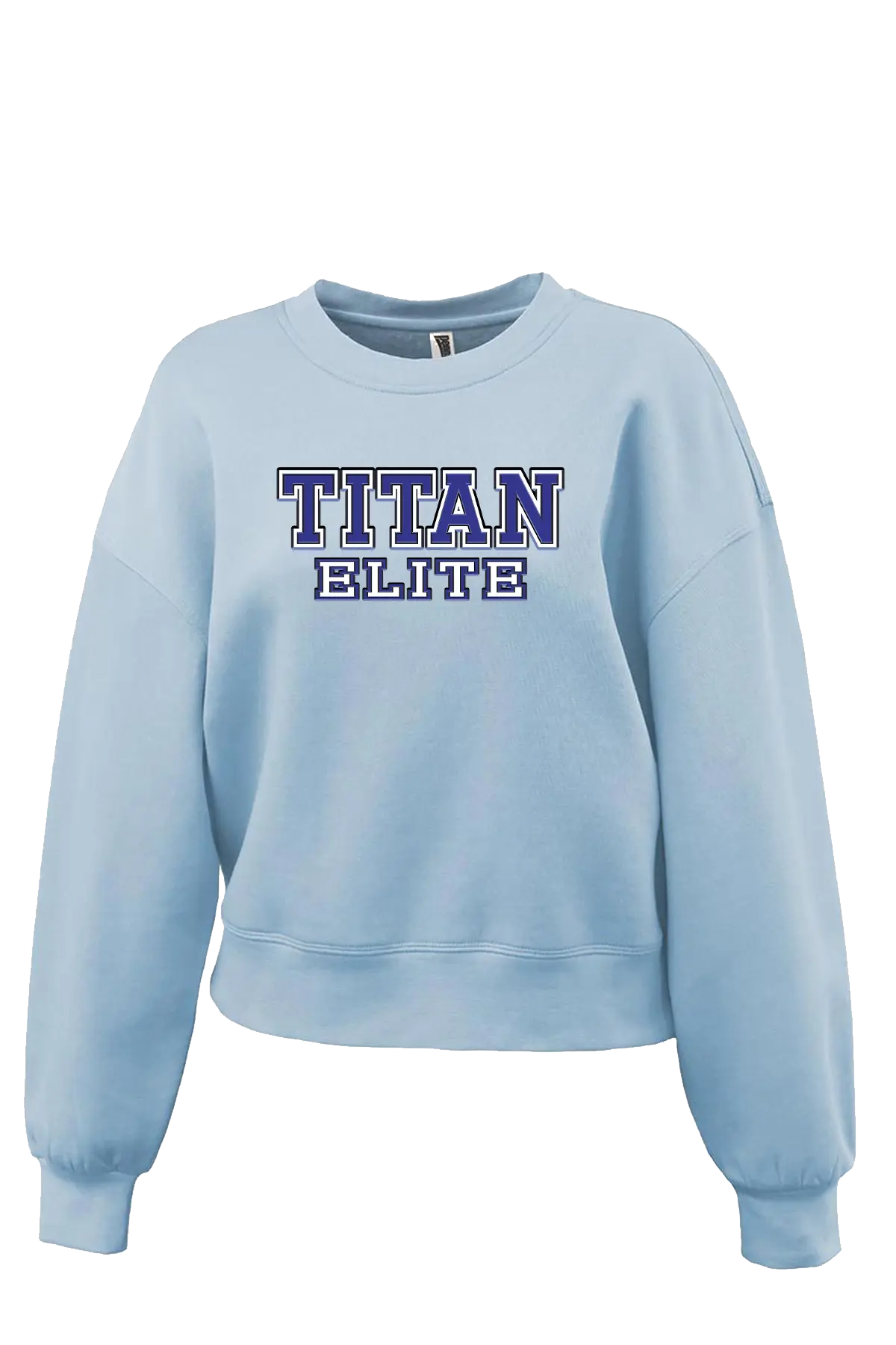 Light blue sweatshirt with 'TITAN ELITE' text on a white background. Paper Street Print Co, Blairstown, NJ.