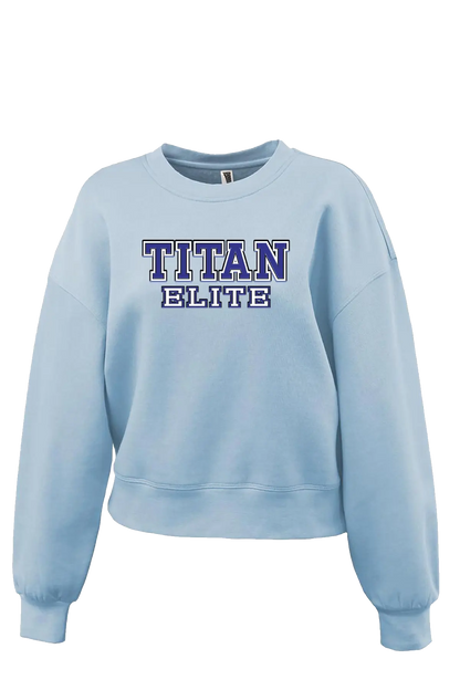 Light blue sweatshirt with 'TITAN ELITE' text on a white background. Paper Street Print Co, Blairstown, NJ.