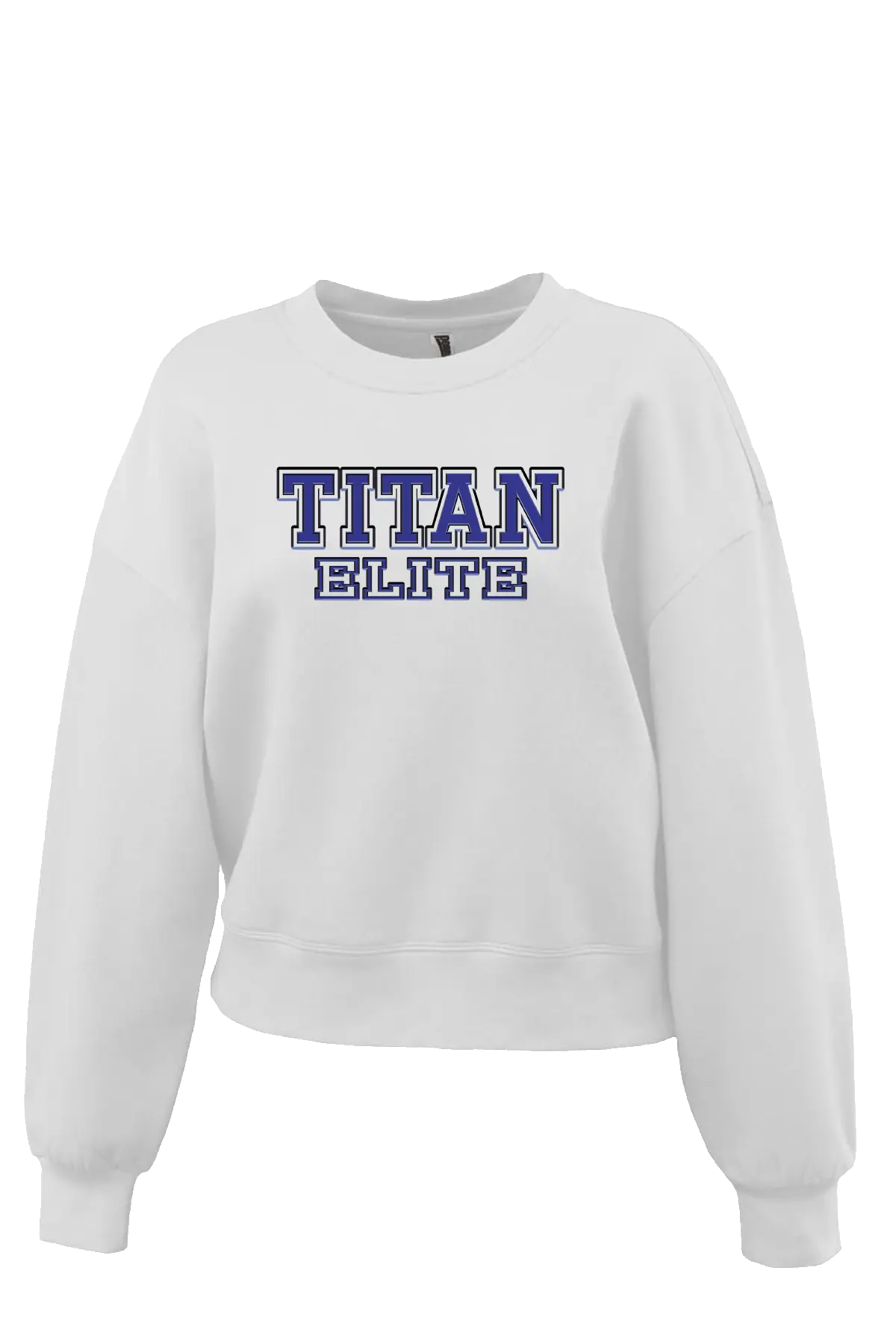 White sweatshirt with 'TITAN ELITE' text on a white background. Paper Street Print Co, Blairstown, NJ.