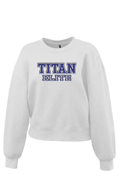 White sweatshirt with 'TITAN ELITE' text on a white background. Paper Street Print Co, Blairstown, NJ.