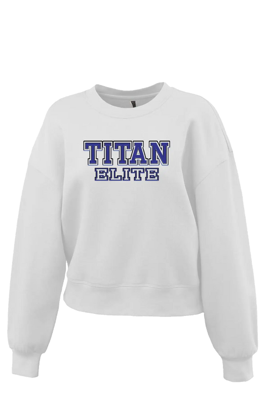 White sweatshirt with 'TITAN ELITE' text on a white background. Paper Street Print Co, Blairstown, NJ.