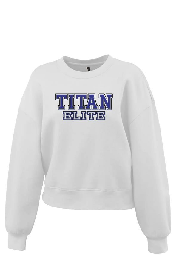 White sweatshirt with 'TITAN ELITE' text on a white background. Paper Street Print Co, Blairstown, NJ.