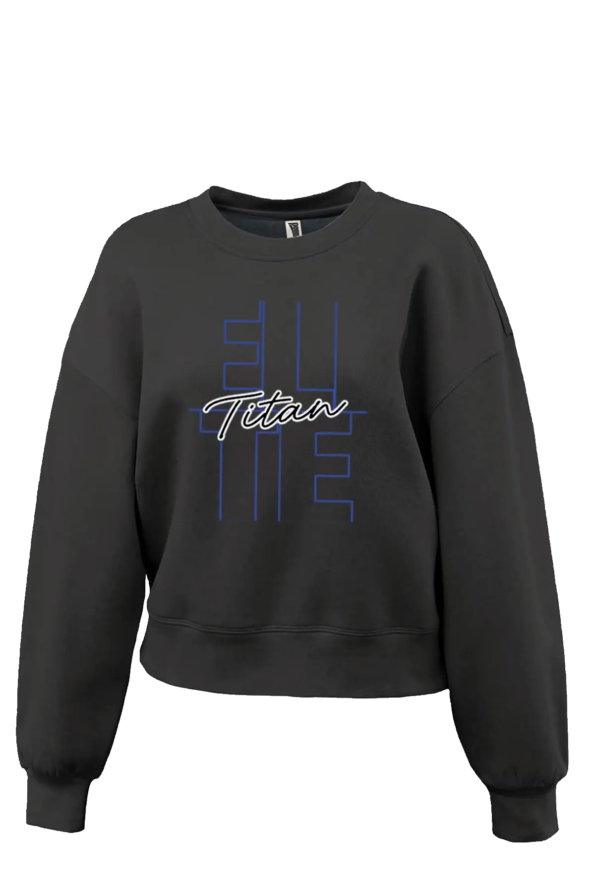 Black sweatshirt with 'Titan' text on a white background. Paper Street Print Co, Blairstown, NJ.