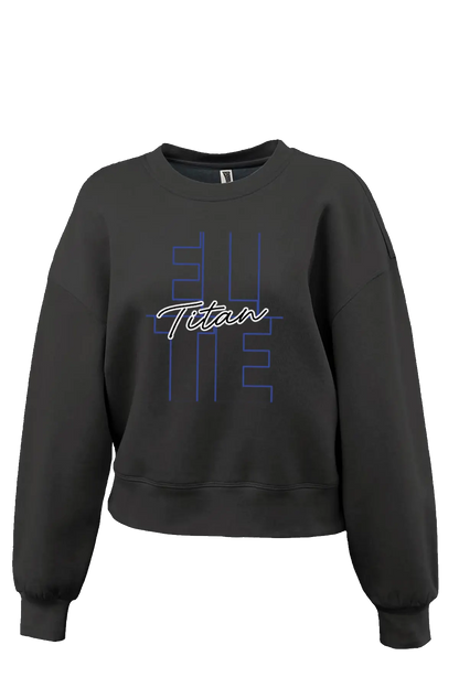 Black sweatshirt with 'Titan' text on a white background. Paper Street Print Co, Blairstown, NJ.