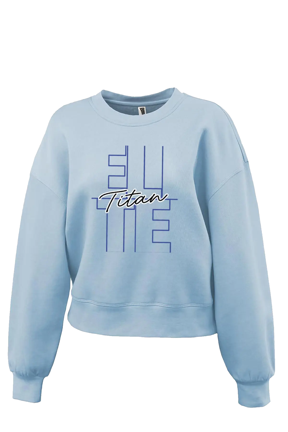 Light blue sweatshirt with 'Titan' text on a white background. Paper Street Print Co, Blairstown, NJ.