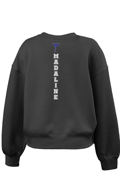 Black sweatshirt with 'MADALINE' text on the back against a white background. Paper Street Print Co, Blairstown, NJ.
