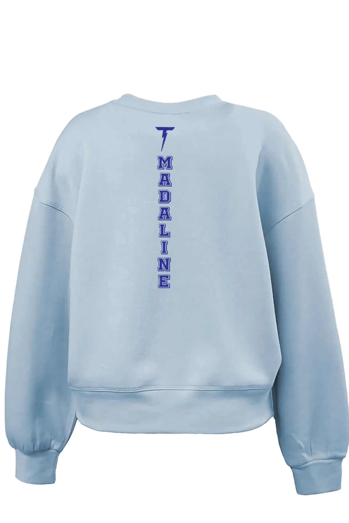 Light blue sweatshirt with 'MADALINE' printed vertically on the back against a white background. Paper Street Print Co, Blairstown, NJ.