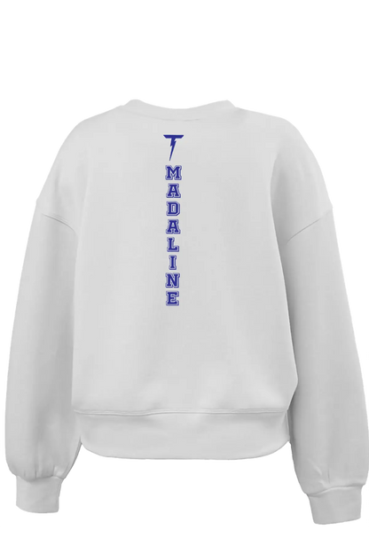 White sweatshirt with 'MADALINE' printed on the back against a white background. Paper Street Print Co, Blairstown, NJ.