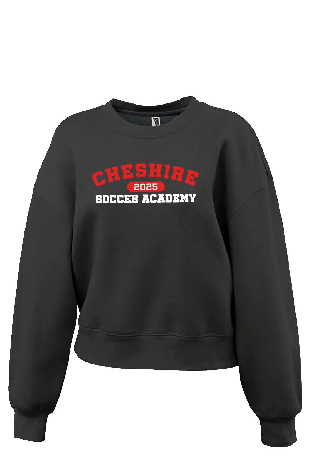 Black sweatshirt with 'Cheshire Soccer Academy 2025' text on a white background. Paper Street Print Co, Blairstown, NJ.