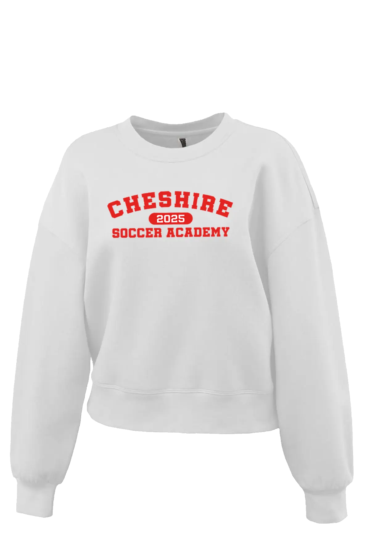 White sweatshirt with red text 'Cheshire Soccer Academy 2023' on a white background. Paper Street Print Co, Blairstown, NJ.