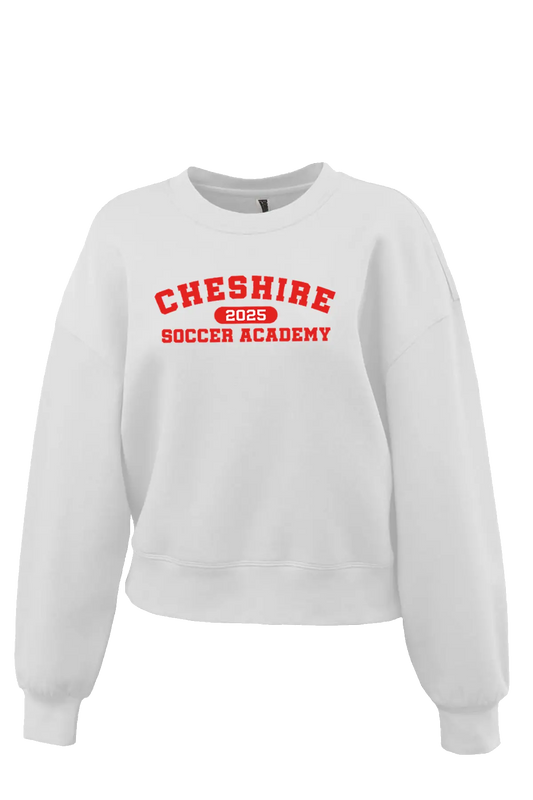 White sweatshirt with red text 'Cheshire Soccer Academy 2023' on a white background. Paper Street Print Co, Blairstown, NJ.