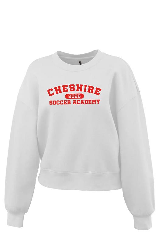 White sweatshirt with red text 'Cheshire Soccer Academy 2026' on a white background. Paper Street Print Co, Blairstown, NJ.