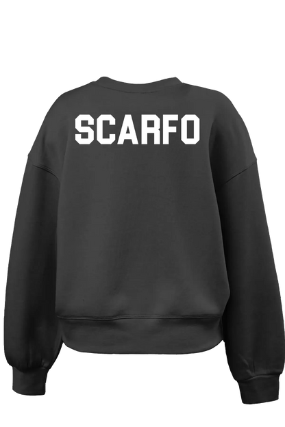 Black sweatshirt with 'SCARFO' printed on the back against a white background. Paper Street Print Co, Blairstown, NJ.