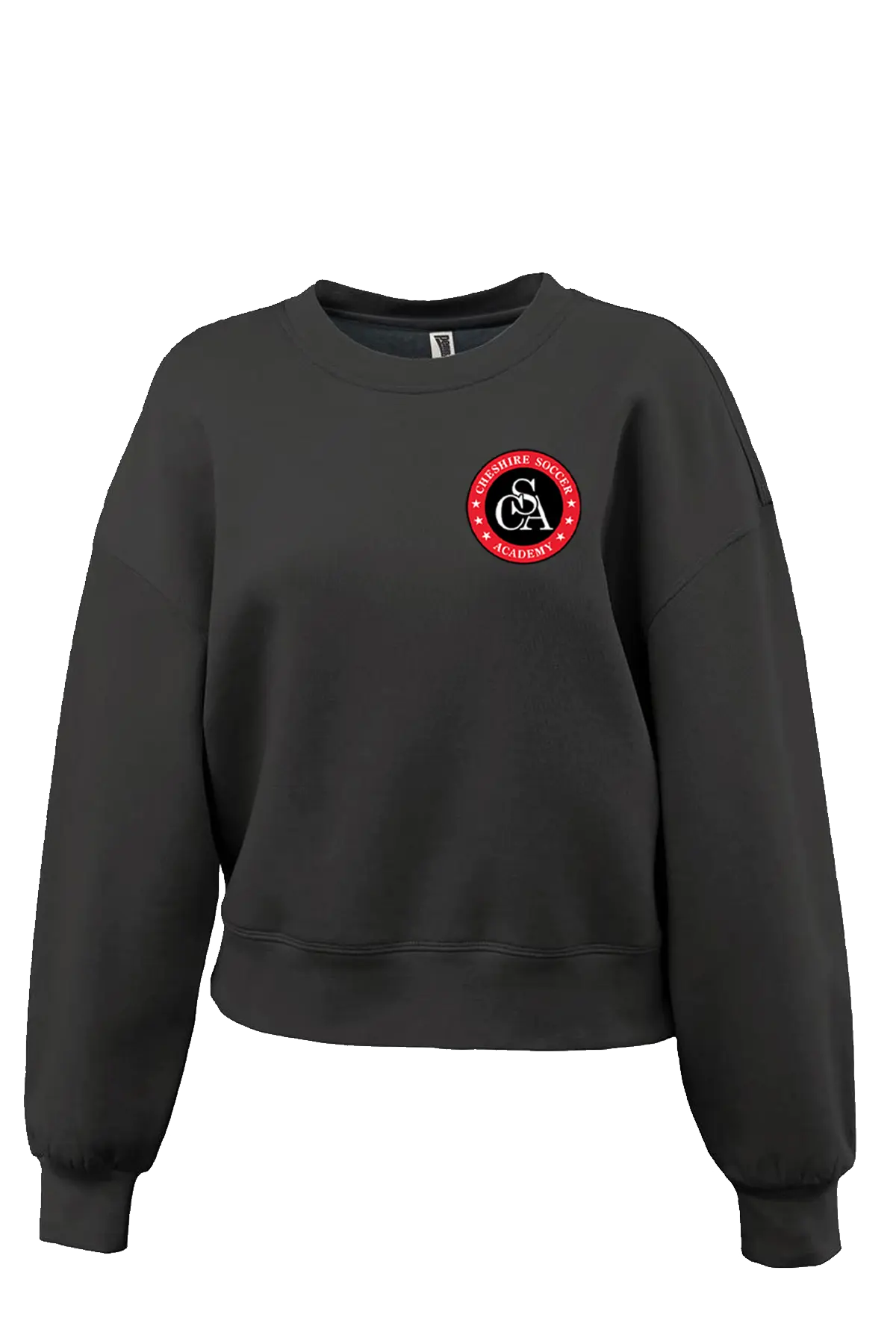 Black sweatshirt with a red logo on a white background Paper Street Print Co, Blairstown, NJ.