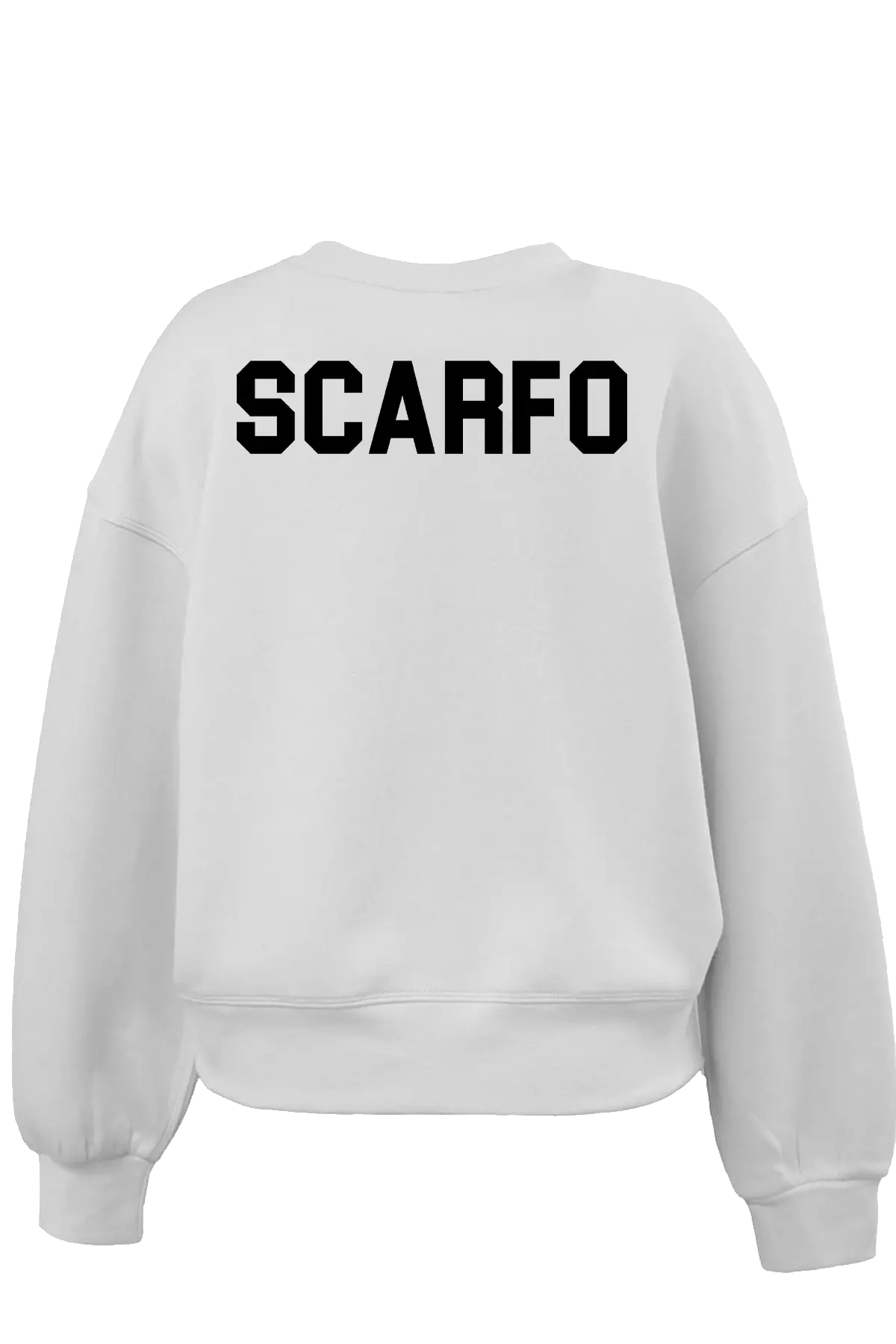 White sweatshirt with 'SCARFO' printed on the back against a white background. Paper Street Print Co, Blairstown, NJ.