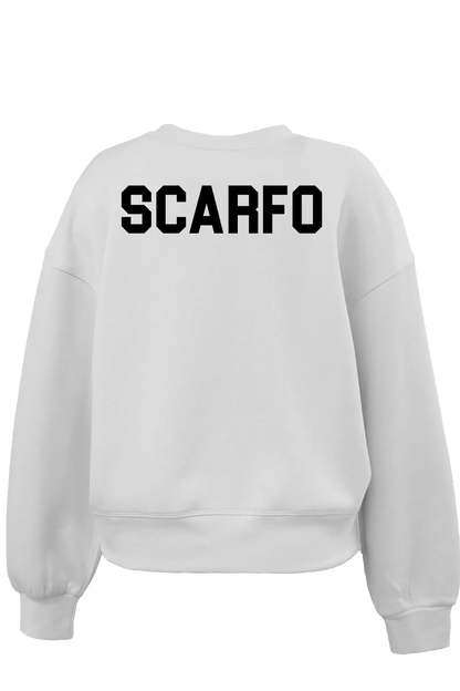 White sweatshirt with 'SCARFO' printed on the back against a white background. Paper Street Print Co, Blairstown, NJ.