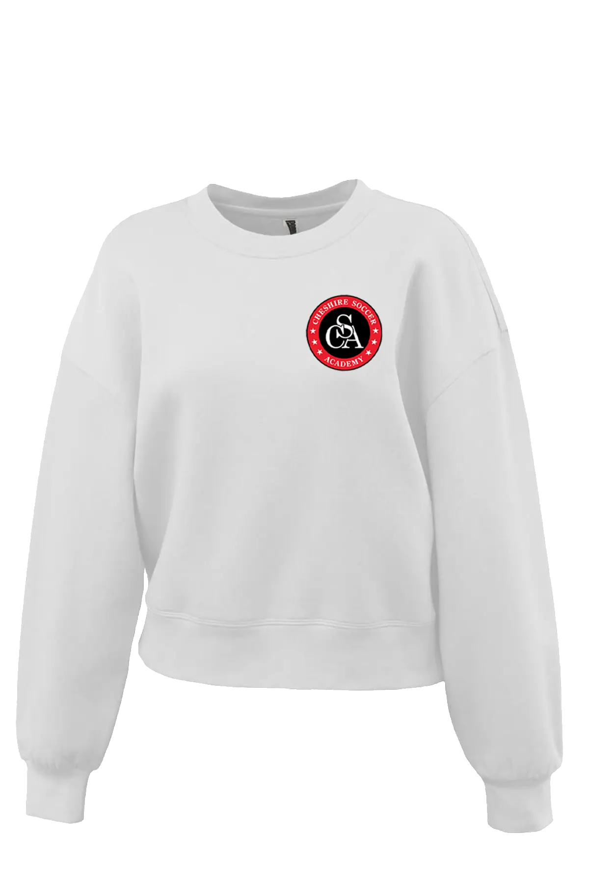 White sweatshirt with a red and black logo on a white background. Paper Street Print Co, Blairstown, NJ.