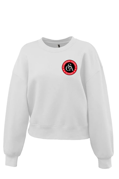 White sweatshirt with a red and black logo on a white background. Paper Street Print Co, Blairstown, NJ.