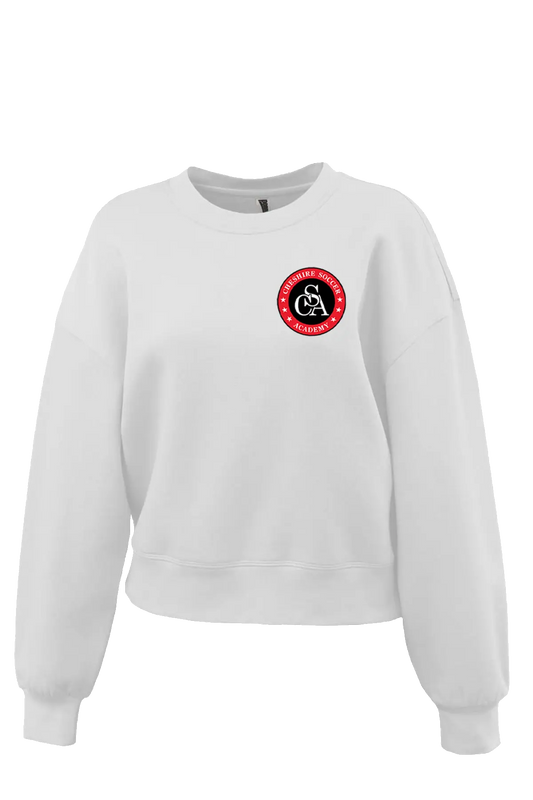 White sweatshirt with a red and black logo on a white background. Paper Street Print Co, Blairstown, NJ.