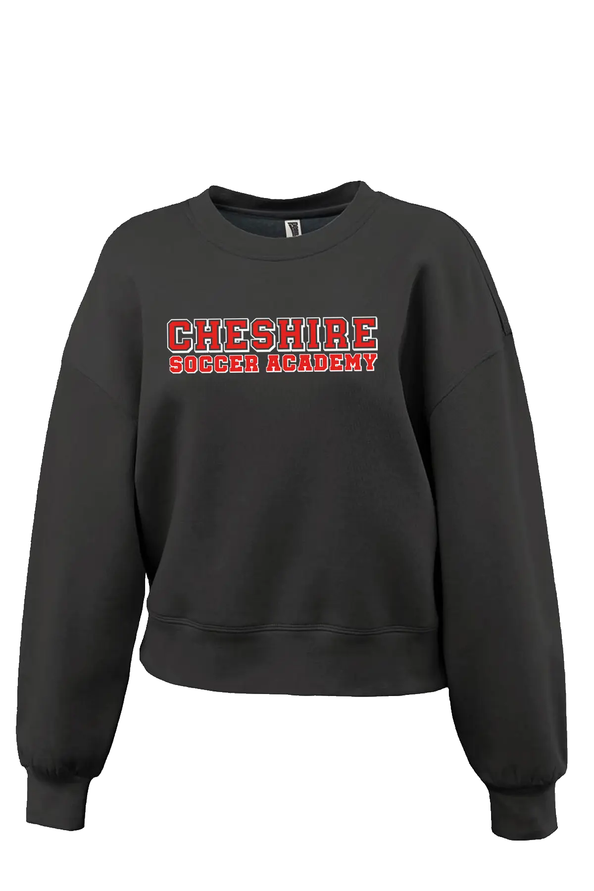 Black sweatshirt with 'Cheshire Soccer Academy' text on a white background. Paper Street Print Co, Blairstown, NJ.
