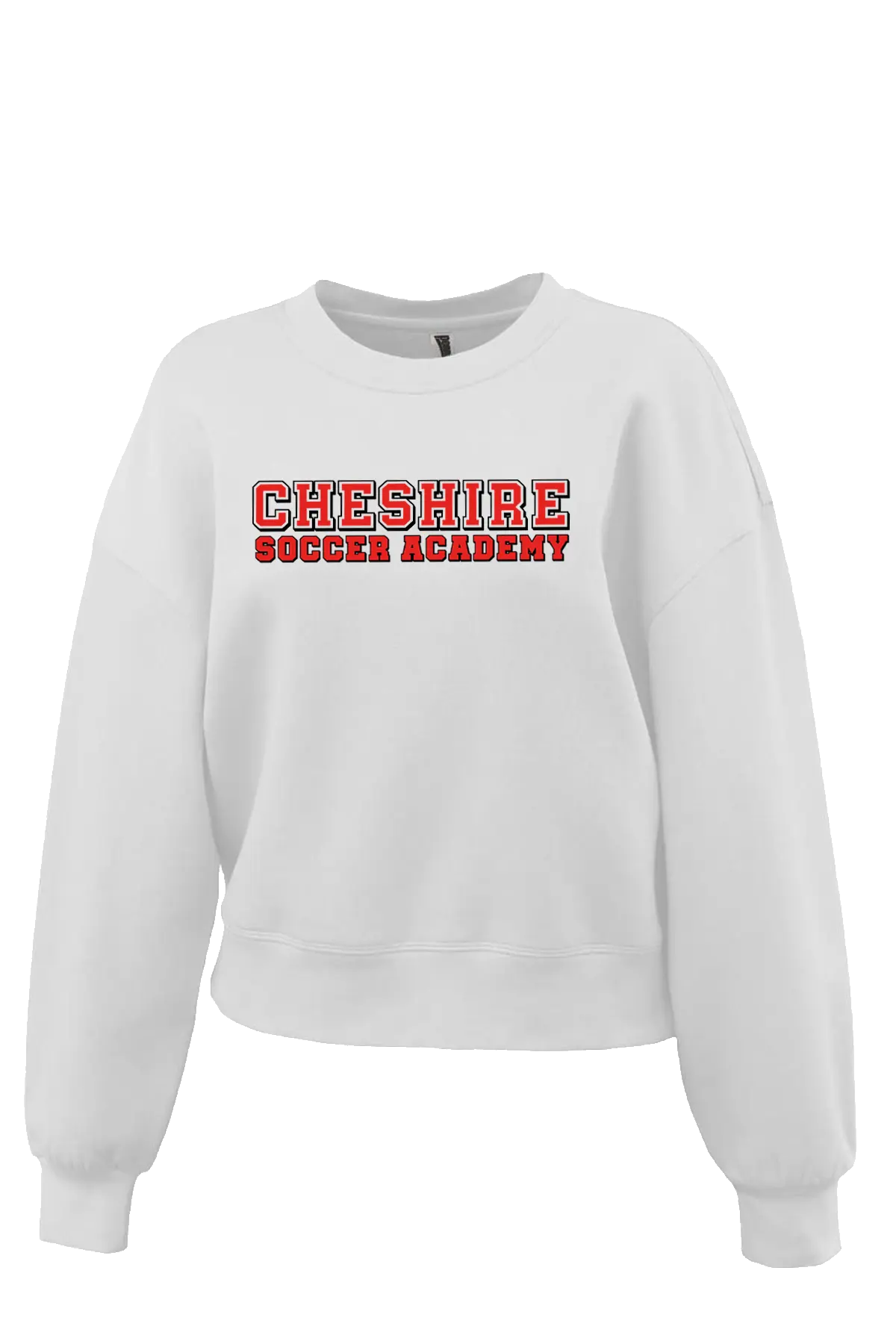 White sweatshirt with 'Cheshire Soccer Academy' text on a white background. Paper Street Print Co, Blairstown, NJ.