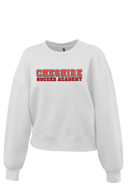 White sweatshirt with 'Cheshire Soccer Academy' text on a white background. Paper Street Print Co, Blairstown, NJ.