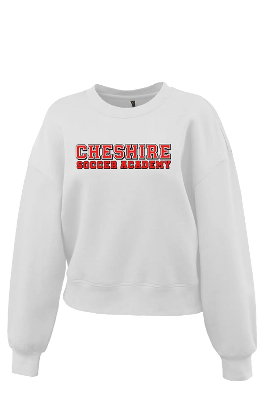 White sweatshirt with 'Cheshire Soccer Academy' text on a white background. Paper Street Print Co, Blairstown, NJ.