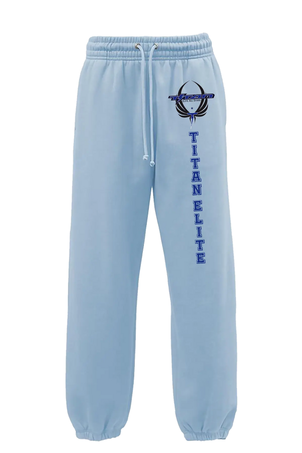 Light blue sweatpants with 'Titan Elite' logo and text on a white background. Paper Street Print Co, Blairstown, NJ.