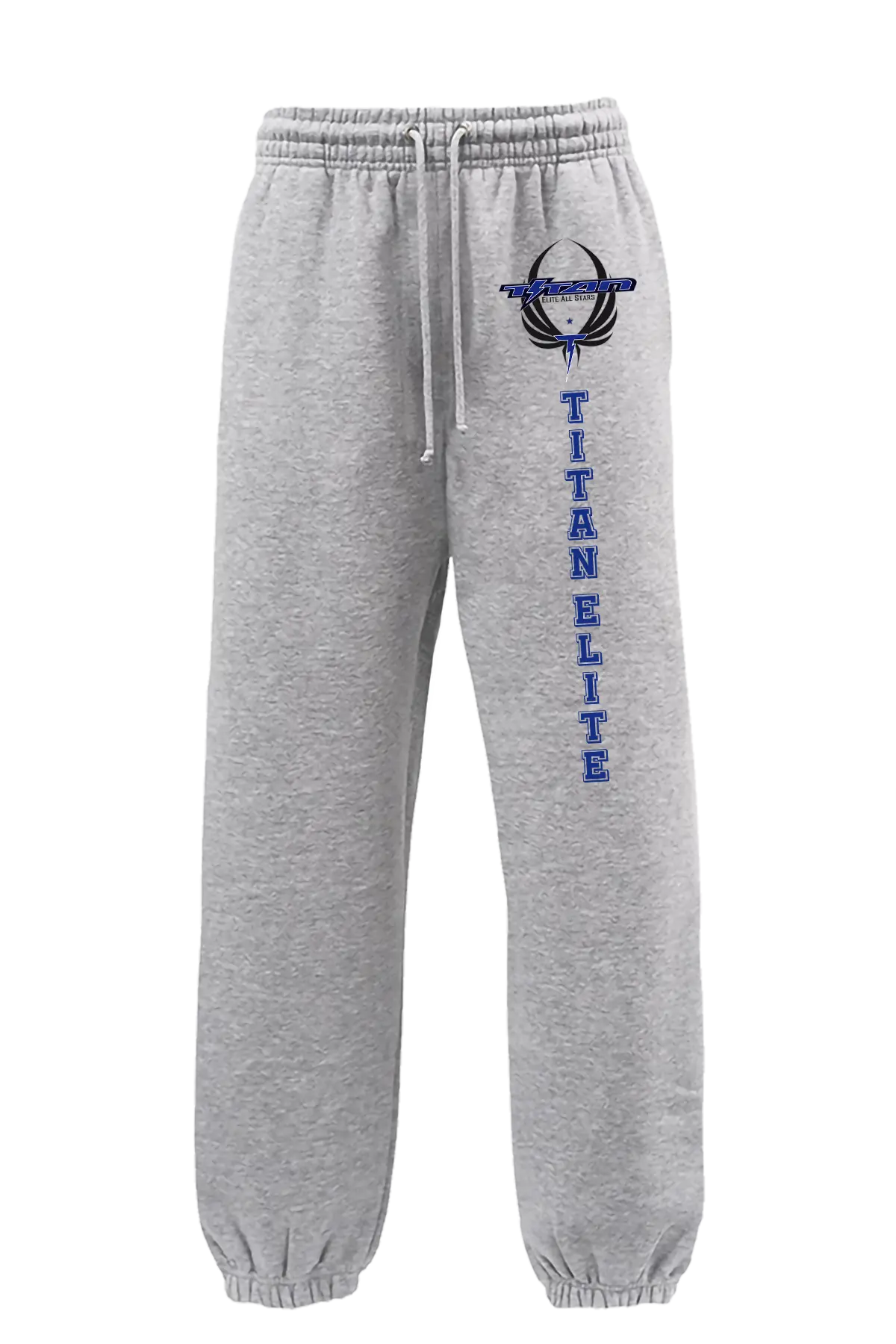 Gray sweatpants with 'Titan Elite' logo on a white background. Paper Street Print Co, Blairstown, NJ.