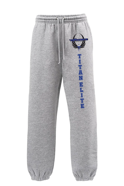 Gray sweatpants with 'Titan Elite' logo on a white background. Paper Street Print Co, Blairstown, NJ.