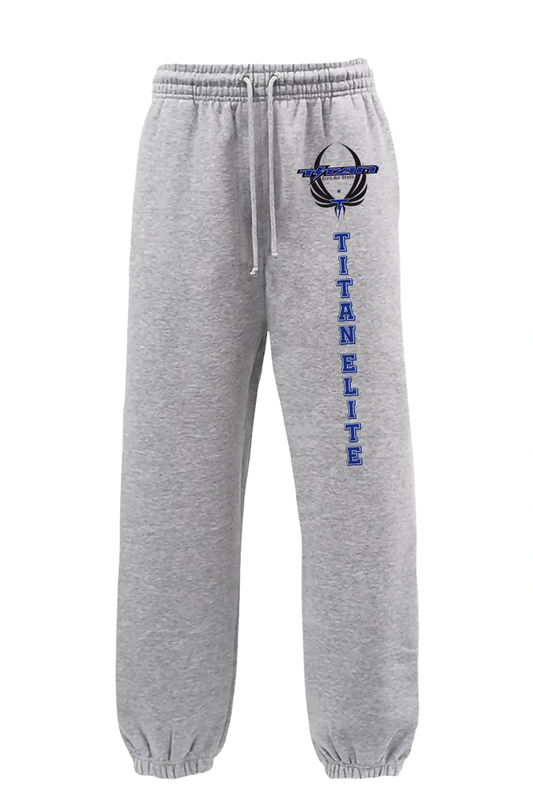 Gray sweatpants with 'Titan Elite' logo on a white background. Paper Street Print Co, Blairstown, NJ.