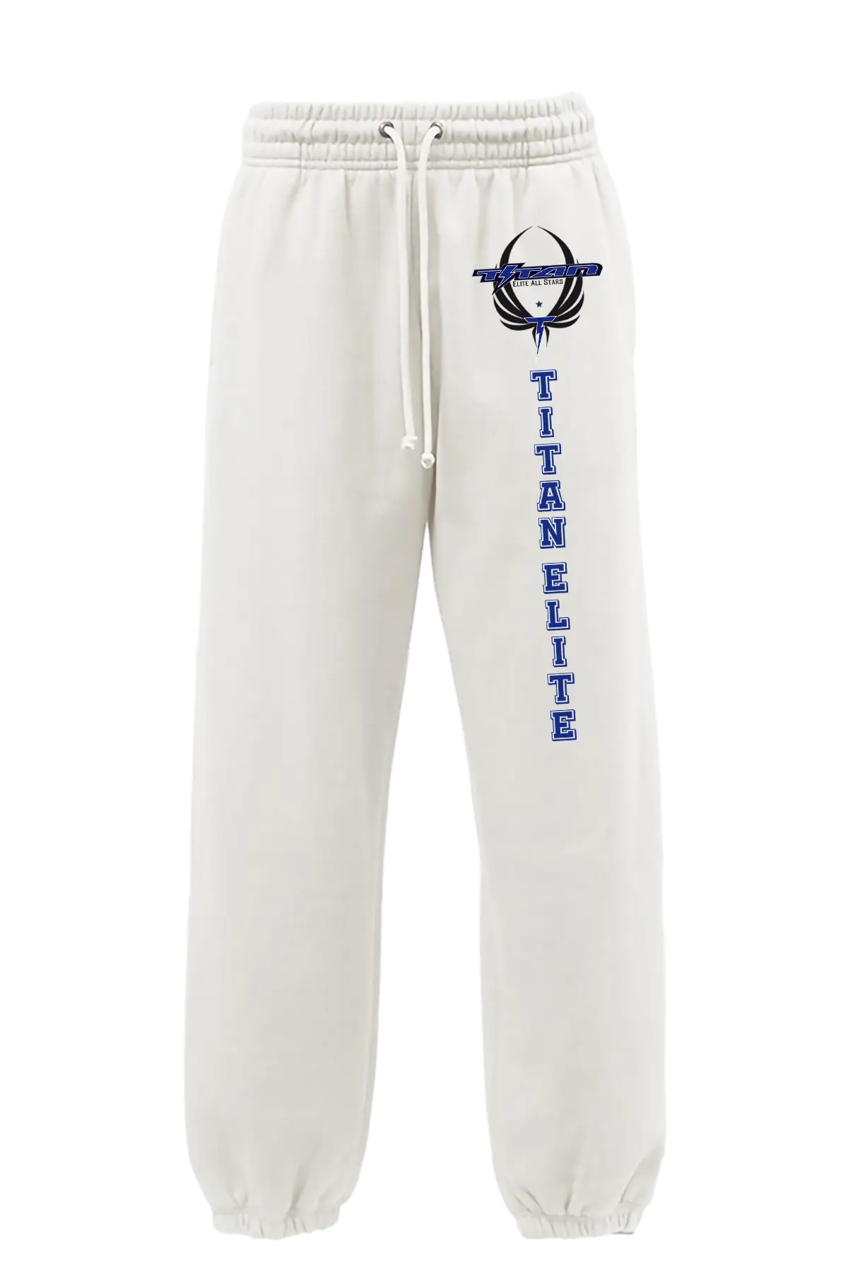 White sweatpants with 'Titan Elite' text and logo on a white background. Paper Street Print Co, Blairstown, NJ.