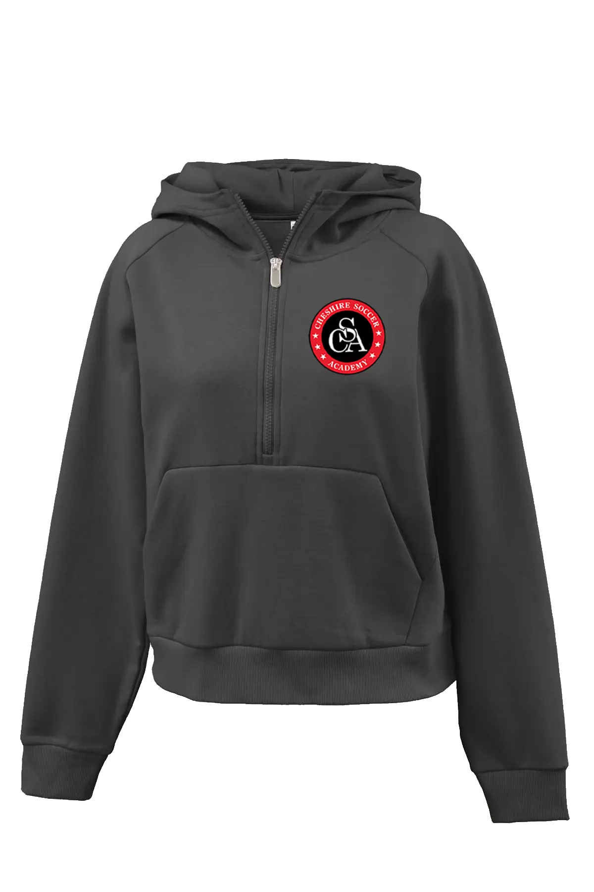 Black hoodie with a red and white logo on a white background. Paper Street Print Co, Blairstown, NJ.