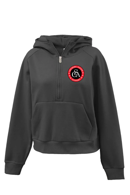 Black hoodie with a red and white logo on a white background. Paper Street Print Co, Blairstown, NJ.