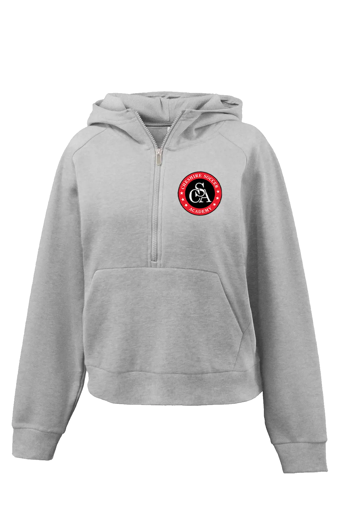 Gray hoodie with a red and black logo on a white background. Paper Street Print Co, Blairstown, NJ.