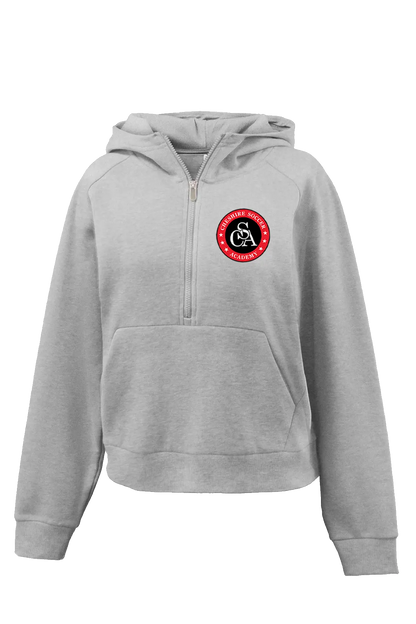 Gray hoodie with a red and black logo on a white background. Paper Street Print Co, Blairstown, NJ.