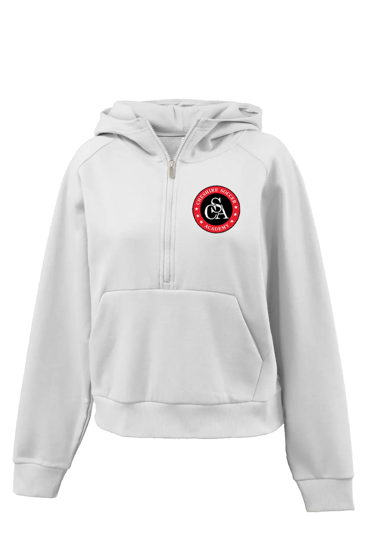 White hoodie with a red and black logo on a white background. Paper Street Print Co, Blairstown, NJ.