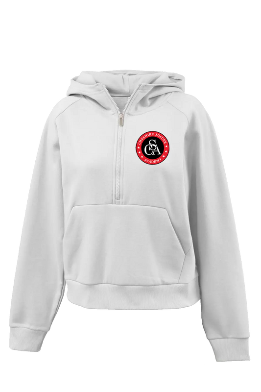 White hoodie with a red and black logo on a white background. Paper Street Print Co, Blairstown, NJ.
