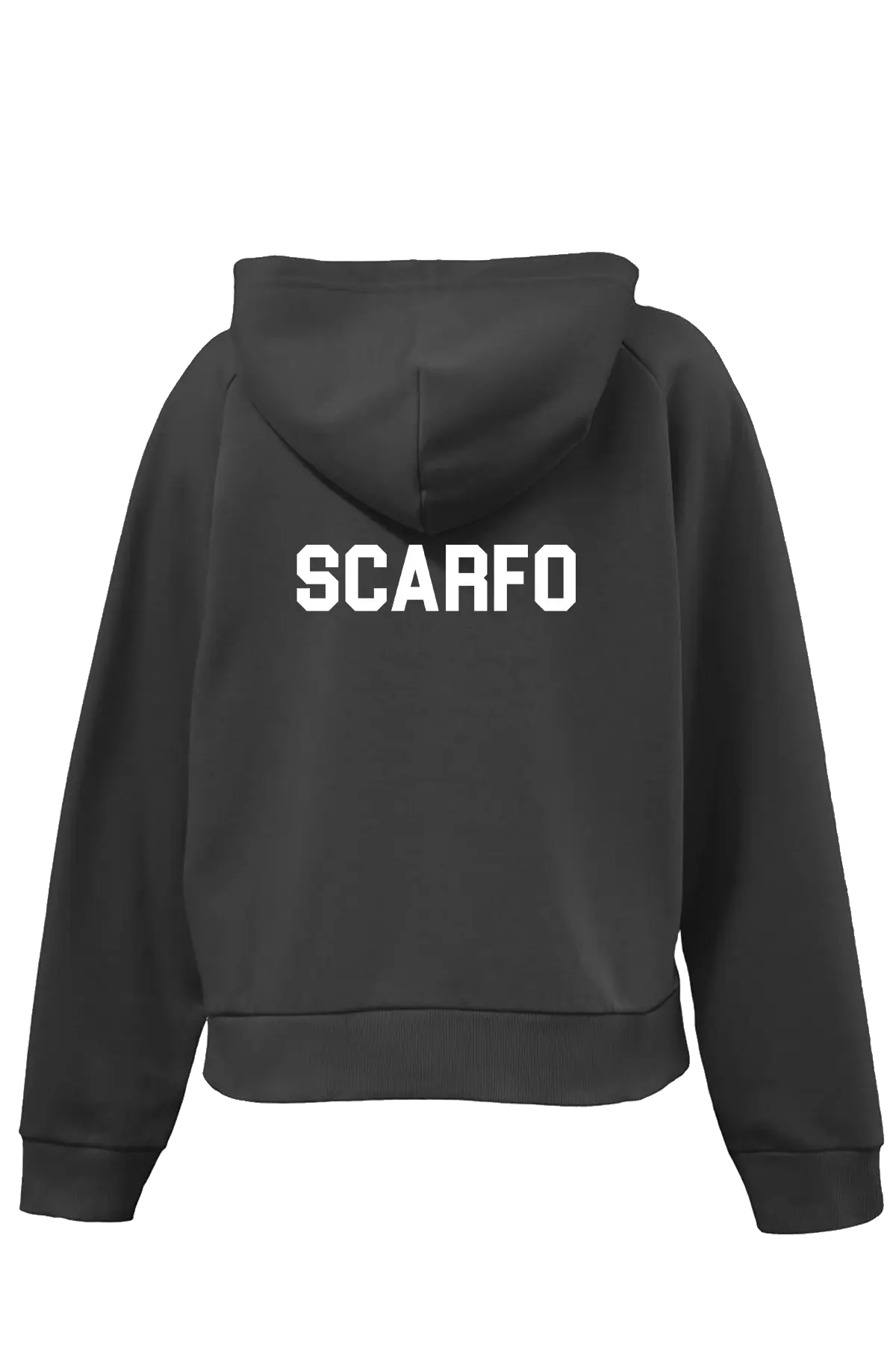 Black hoodie with 'SCARFO' branding on the back against a white background. Paper Street Print Co, Blairstown, NJ.