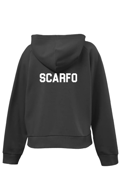 Black hoodie with 'SCARFO' branding on the back against a white background. Paper Street Print Co, Blairstown, NJ.