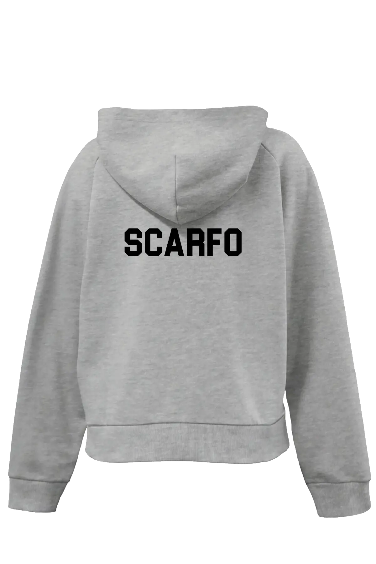 Gray hoodie with 'SCARFO' printed on the back against a white background. Paper Street Print Co, Blairstown, NJ.