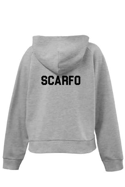 Gray hoodie with 'SCARFO' printed on the back against a white background. Paper Street Print Co, Blairstown, NJ.