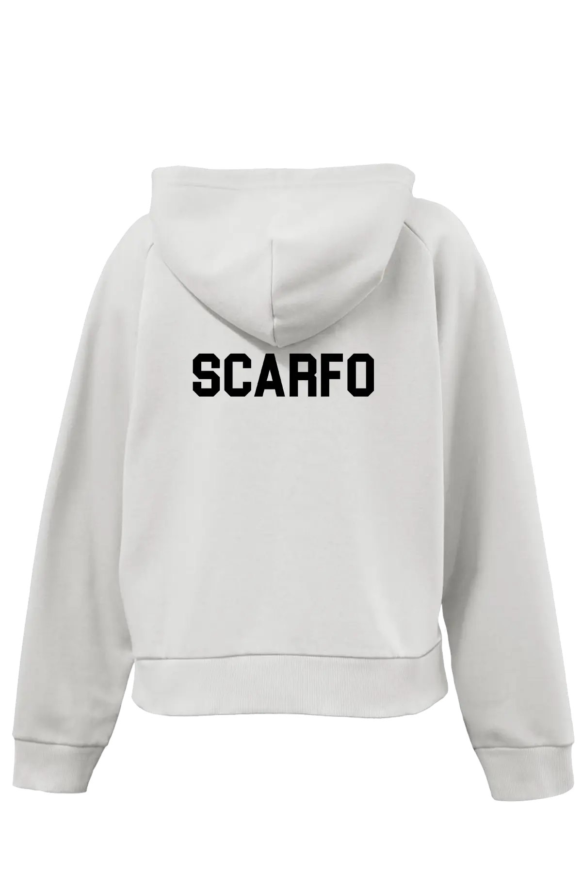 White hoodie with 'SCARFO' branding on the back against a white background. Paper Street Print Co, Blairstown, NJ.