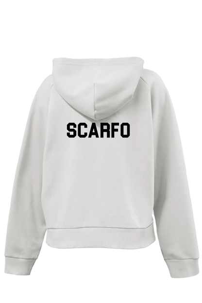 White hoodie with 'SCARFO' branding on the back against a white background. Paper Street Print Co, Blairstown, NJ.