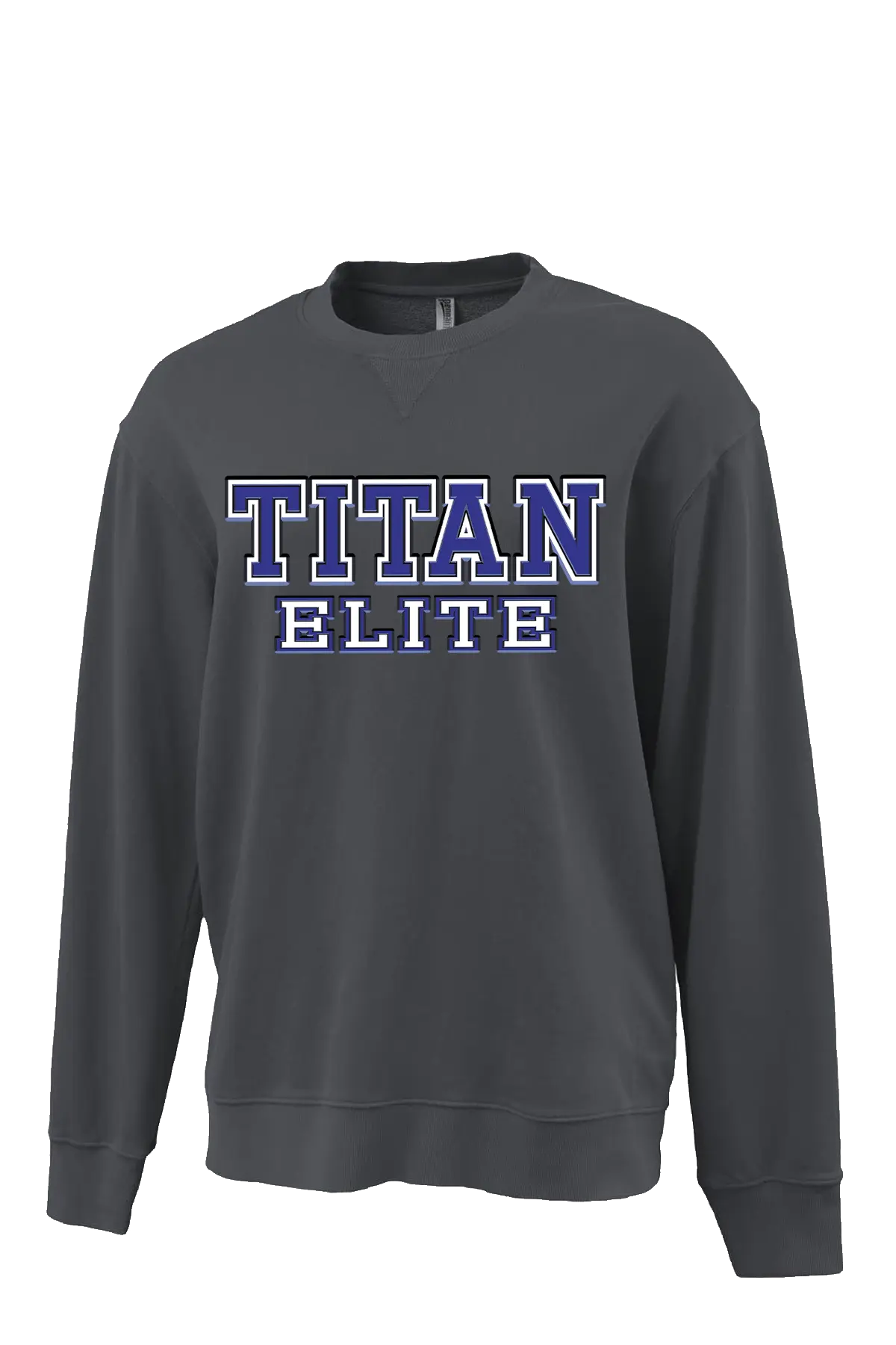 Gray sweatshirt with 'TITAN ELITE' text on a white background. Paper Street Print Co, Blaistown, NJ.