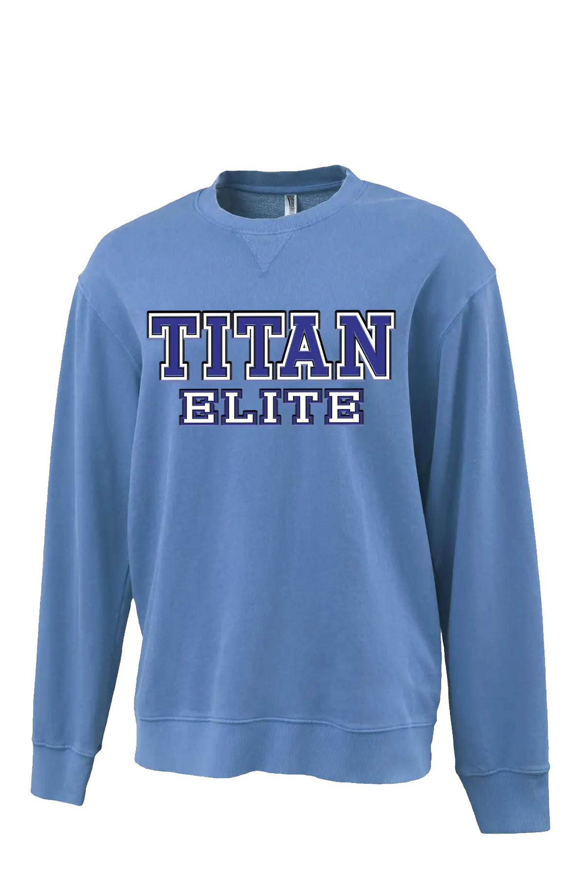 Blue sweatshirt with 'TITAN ELITE' text on a white background. Paper Street Print Co, Blaistown, NJ.