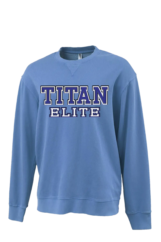 Blue sweatshirt with 'TITAN ELITE' text on a white background. Paper Street Print Co, Blaistown, NJ.